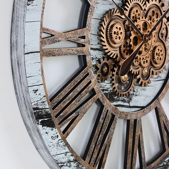 The Gears Clock 36'' Inch Real Moving Gear Wall Clock Vintage Industrial Oversized Rustic Farmhouse (Vintage Grey and White)-Ruum Studio Home