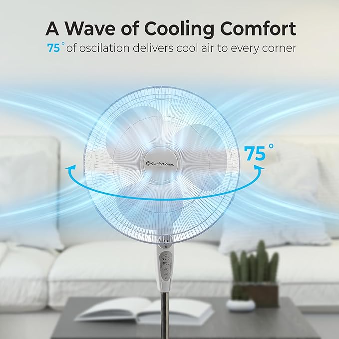 Comfort Zone 18-Inch Oscillating Pedestal Fan with Remote Control, 3-Speed Standing Fan with Adjustable Height (45–52”), Tilt, 4-Hour Timer & Auto Shutoff – Quiet Bedroom Fan, White-Ruum Studio Home