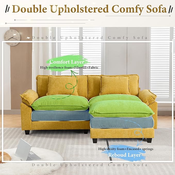 URRED Modular Sectional Sofa Comfy Cloud Couch, Modern Chenille Sofa Sleeper Deep Seat Couches with Ottoman/Pillows for Living Room (Yellow, 82.6''- L Shape)-Ruum Studio Home