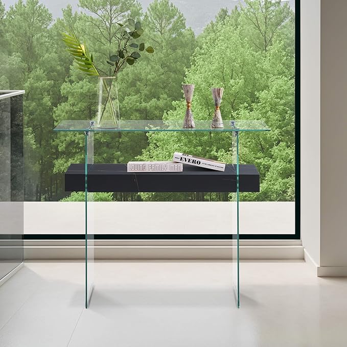 ivinta Glass Console Table with Storage, 39.4" Modern Sofa Table for Living Room, Foyer, Hallway, Bedroom 5101 (Black)-Ruum Studio Home