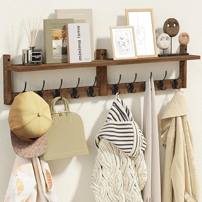 AMBIRD 34.2 inch Wooden Extra-Long Wall Hook Rack with Shelf - Versatile and Decorative Wall-Mounted Storage - 10 Hooks for Hanging Coats, Hats, Scarves - Ideal for Entryways, Bedrooms, Closets-Ruum Studio Home