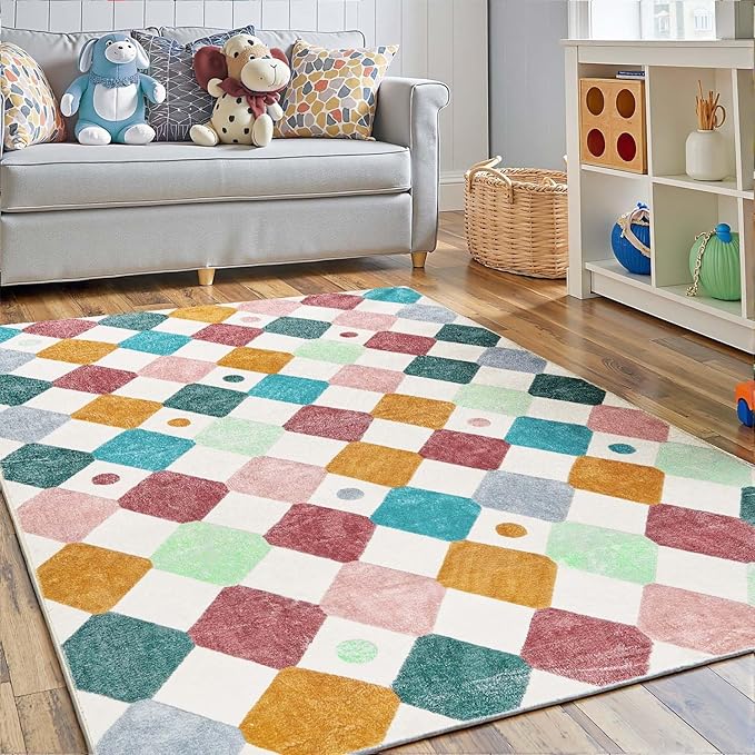 jinchan Area Rug 4x6 Kids Washable Indoor Floor Cover Non-Slip Modern Soft Rug Elementary School Classroom Colorful Diamond Carpet for Nursery Playroom Daycare Bedroom Living Room Confetti on Cream-Ruum Studio Home