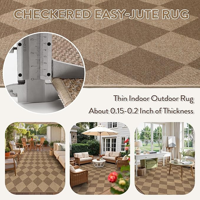 Lahome Checkered Easy Jute Rug 8x10, Washable Rugs for Living Room Dining Room Farmhouse Indoor Outdoor Mat, Neutral Checkerboard Non Slip Black Carpet for Office Backyard Patio-Ruum Studio Home