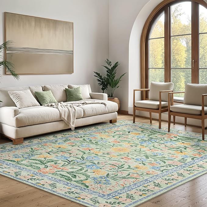Wonnitar Machine Washable Area Rugs 9x12, Soft Sage Green Floral Rug for Living Room Bedroom, Ultra-Thin Large Foldable Boho Carpets for Playroom Classroom Dining Room-Ruum Studio Home