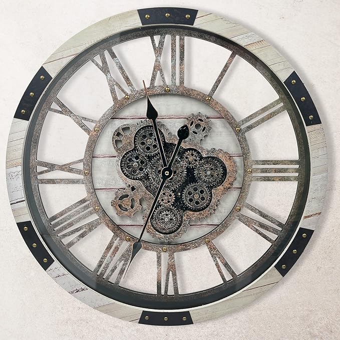 DORBOKER 30" Large Wall Clock Moving Gears,Oversized Industrial Rustic Farmhouse Clocks for Living Room Decor Office Home, Solid Wood Retro Metal HD Tempered Glass Cover,Desert Beige-Ruum Studio Home