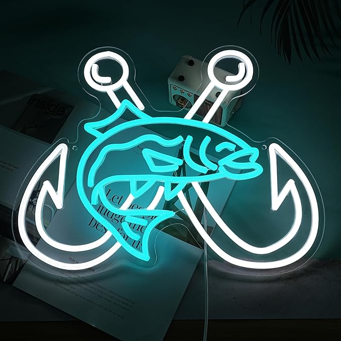 LISIGNVE Crossed Fish Hooks Neon Sign Fishing Led Neon Light for Wall Decor Fish On Light up Sign for Fishing Gear Store Yacht Gift for Father Boy(16.5 * 12.6 In)-Ruum Studio Home