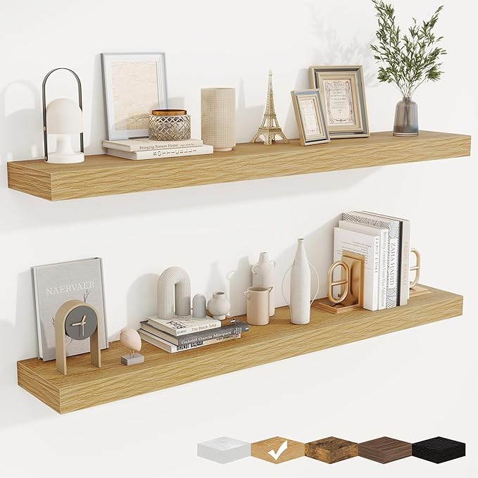fuqing Floating Shelves for Wall, Bathroom Shelf Wall Mounted for Storage, Shelves with Invisible Bracket for Bedroom, Kitchen, Living Room, Farmhouse Small Book Shelf, 48 Inch Set of 2, Oak-Ruum Studio Home