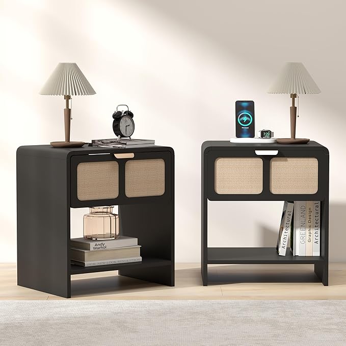LEVNARY Nightstand Set of 2, Mid-Century Modern Bedside Table with Charging Station and Fabric-Like Textured Drawer, Wooden End Table for Farmhouse Bedroom Living Room (2, Black)-Ruum Studio Home