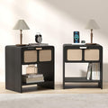 LEVNARY Nightstand Set of 2, Mid-Century Modern Bedside Table with Charging Station and Fabric-Like Textured Drawer, Wooden End Table for Farmhouse Bedroom Living Room (2, Black)-Ruum Studio Home