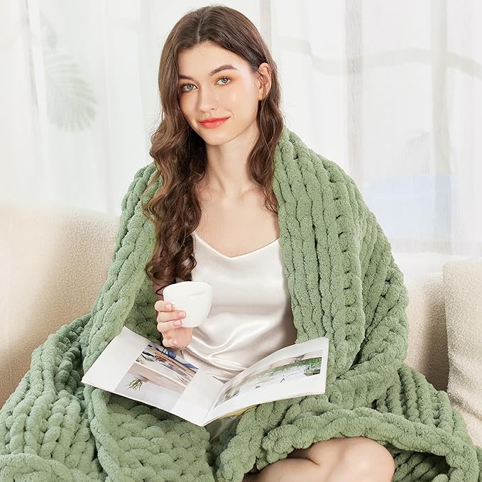 Admitrack Chunky Knit Blanket Throw, 100% Hand Knit Chenille Throw Blanket for Sofa & Home Decor, Soft and Cozy Knitted Throw Blankets (Sage Green，40"x50")-Ruum Studio Home