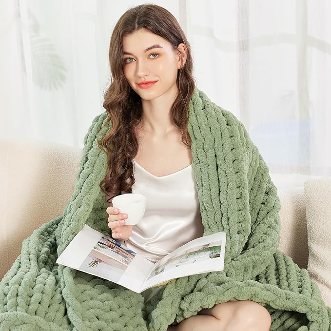 Admitrack Chunky Knit Blanket Throw, 100% Hand Knit Chenille Throw Blanket for Sofa & Home Decor, Soft and Cozy Knitted Throw Blankets (Sage Green, 60""x80""), XNR010-Ruum Studio Home