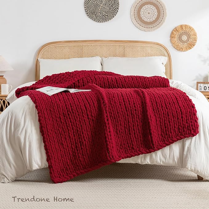 Chunky Knit Blanket Throw, 100% Hand Knit Throw Blanket Handmade Chenille Cable Knit Throw for Couch, Stylish Cozy Soft Rope Knot Crochet Blanket for Home Decor, Red, 50x60 Inches-Ruum Studio Home