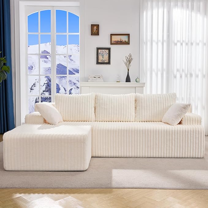 Hobestluk 96” Modular Sectional Sofa Couches L-Shape Couch 3 Seat Modular Sofa Memory Foam Sectional Couches for Living Room, Cloud Couch with Oversized Chaise (White, Stripe (Left Facing Chaise))-Ruum Studio Home