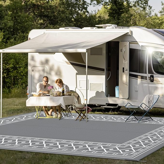 GENIMO Outdoor Rug Waterproof Area 10'x14' for Patio, Foldable Reversible Plastic Straw Carpet for Travel Trailers, Outside Mat for Rv, Deck, Picnic, Porch, Camper, Balcony, Beach, Grey & White-Ruum Studio Home
