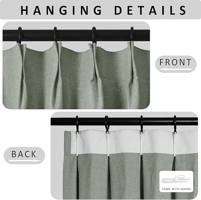 Macochico 100% Blackout Pinch Pleated Linen Curtains 84 Inch Length Thermal Blackout Curtains for Bedroom Living Room Nursery Fog Green Farmhouse Burlap Curtains with Tieback 52”Wx84”L 1 Panel-Ruum Studio Home