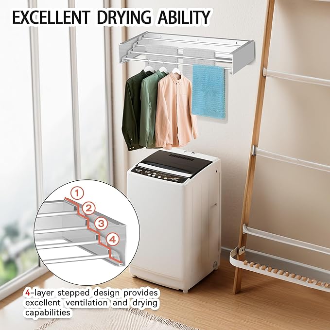FOCHIER F Laundry Drying Rack Wall Mounted Clothes Drying Rack Collapsible with 4 Aluminum Rods and Drilling Template Long Screwdriver Bit 60 lbs Capacity (White, 23.6")-Ruum Studio Home