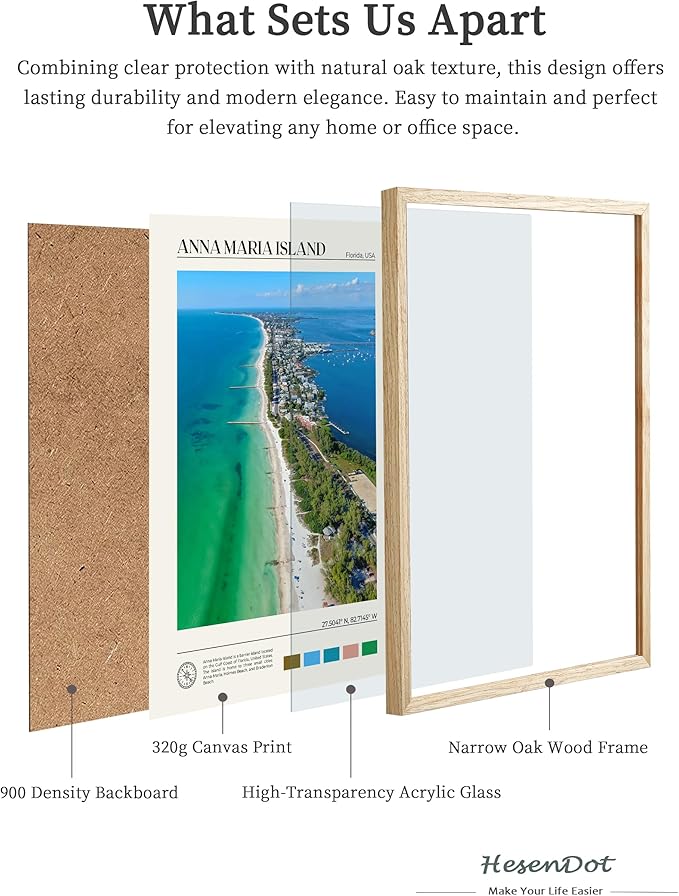 HesenDot Natural OAK Wood Framed Anna Maria Island Wall Art,12x16in Florida Seascape Canvas Wall Print,Classic Urban Landmark Wall Decor for Living Room, Bedroom,Office Gallery Set of 1-Ruum Studio Home