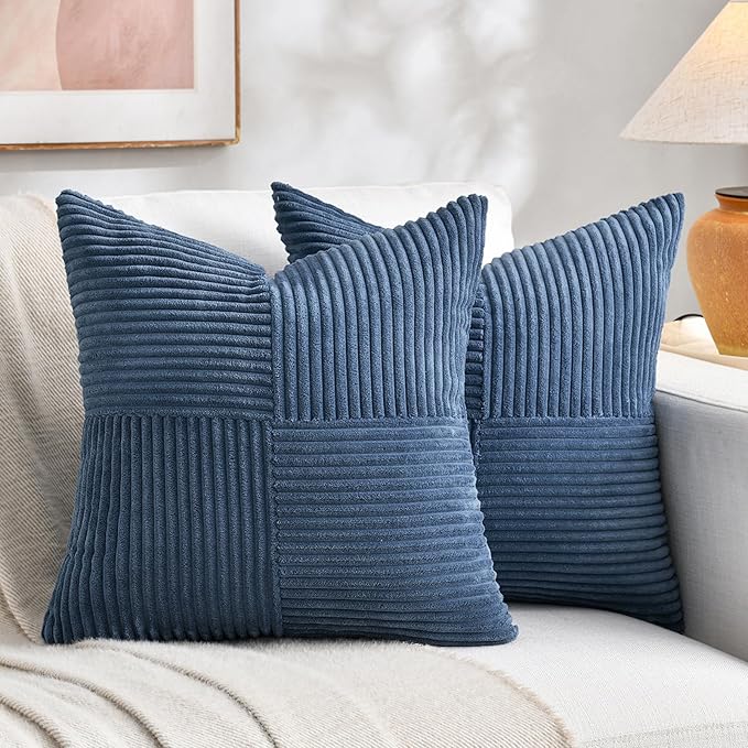 Fancy Homi 2 Packs Dusty Blue Decorative Throw Pillow Covers 20x20 Inch for Living Room Couch Bed Sofa, Rustic Farmhouse Boho Home Decor, Soft Corss Corduroy Patchwork Accent Cushion Case 50x50 cm-Ruum Studio Home