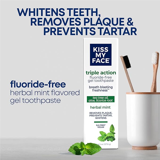 Kiss My Face Triple Action Toothpaste Gel, Herbal Mint Flavor, Removes Plaque, Whitens Teeth, Prevents Tartar, with Tea Tree Oil and Aloe, Fluoride Free, Vegan, 4.5 oz, 3 Pack-Ruum Studio Home