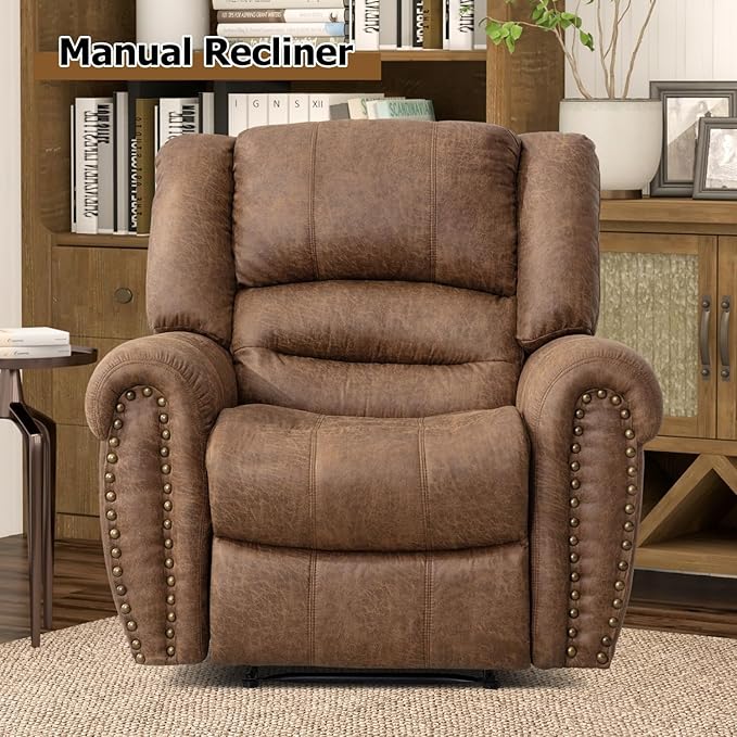 CANMOV Leather Recliner Chair Set of 2, Classic and Traditional Manual Recliner Chair with Comfortable Arms and Back,Manual Single Recliner Sofa for Living Room, Camel-Ruum Studio Home