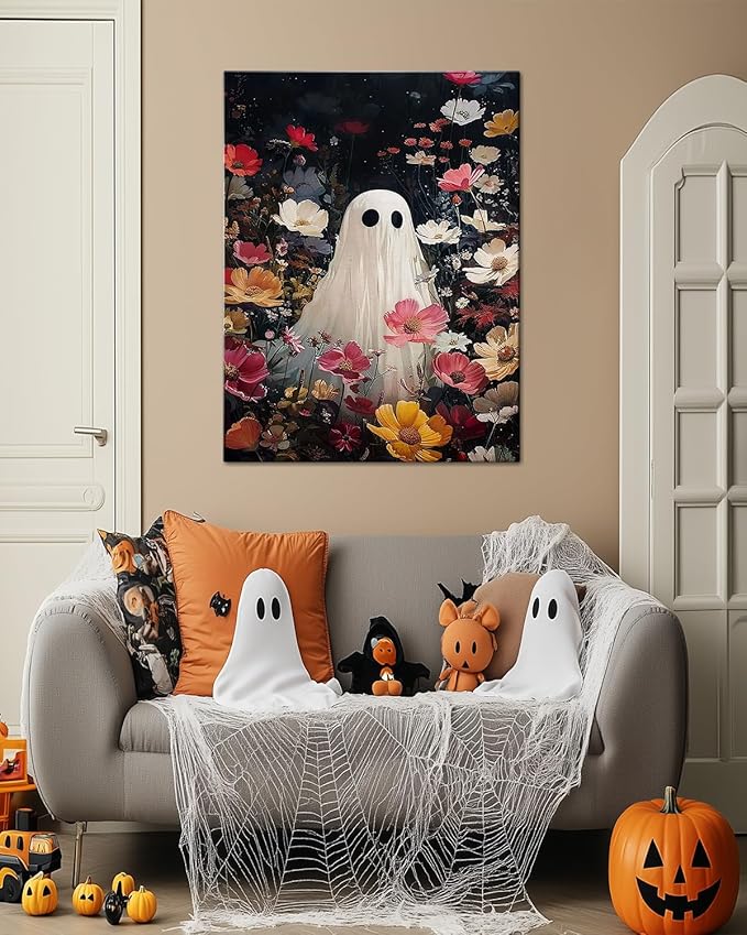 Halloween Canvas Wall Art,Vintage Cute Ghost & Wildflowers Framed Poster, Spooky Fall Decorations for Indoor, Gothic Dark Academia Wall Decor, Funny Halloween Decorations for Living Room Bedroom-Ruum Studio Home