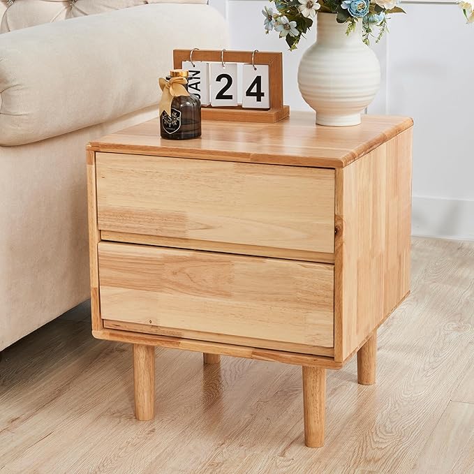 Modern Solid Wood Nightstand with Drawers - Mid Century Modern 2 Drawer Natural Wooden Small Narrow Nightstand Bedside Side End Table with Storage for Living Room Bedroom, 15.7" D x 17.1" W x 19.6" H-Ruum Studio Home