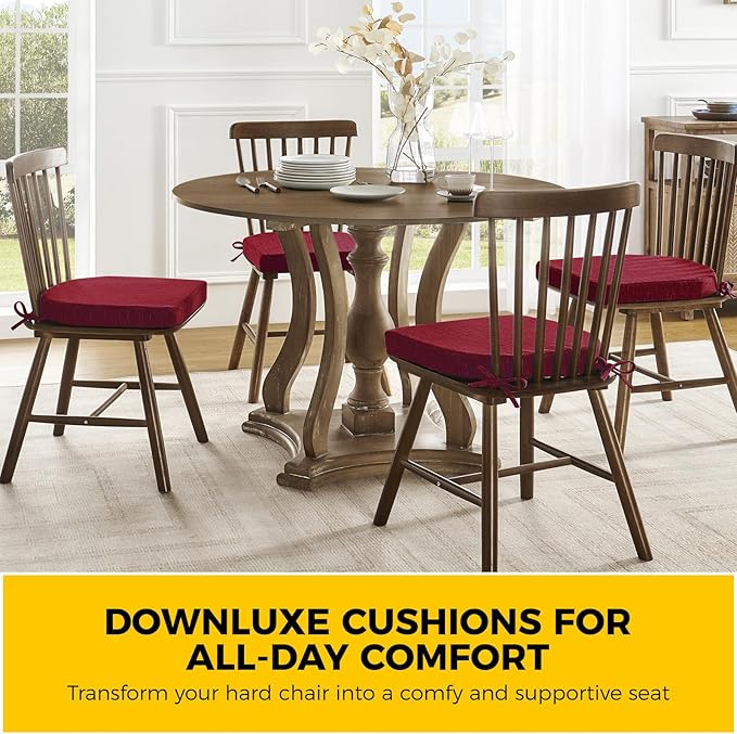 downluxe Indoor Chair Cushions for Dining Chairs, Soft and Comfortable Textured Foam Kitchen Chair Pads with Ties and Non-Slip Backing, 16" x 16" x 2", Red, 6 Pack-Ruum Studio Home
