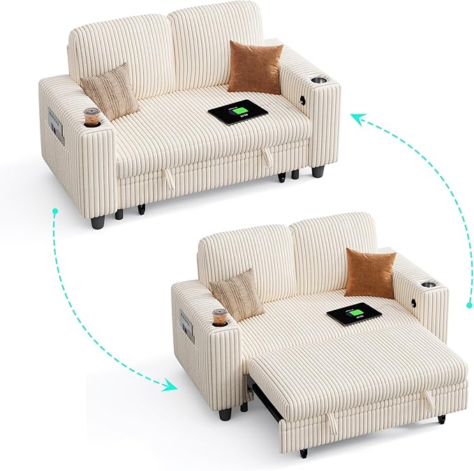 LINSY HOME Loveseat Sofa with Pull Out Couch Chaise: 2-in-1 Convertible 2 Seater Sofa with USB Charging & Cup Holders, Comfy Plush Corduroy Love Seat for Small Spaces Living Room Apartment, Beige-Ruum Studio Home