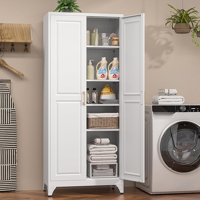 75" Kitchen Pantry Cabinet, White Metal Storage Cabinets with 2 Doors and 4 Adjustable Shelves, Tall Pantry Storage Cabinet for Kitchen, Dining Room, Living Room-Ruum Studio Home