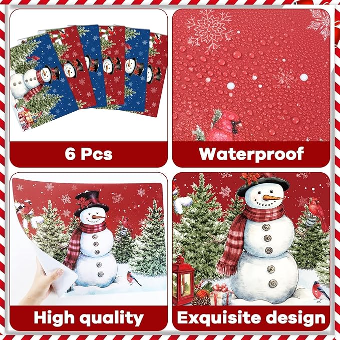 Winter Christmas Placemats Set of 6 Red Blue Snowman Plastic Table Mats Christmas Tree Birds Place Mats Washable Vinyl Seasonal Winter Table Decoration for Indoor Outdoor Party Kitchen Dining-Ruum Studio Home