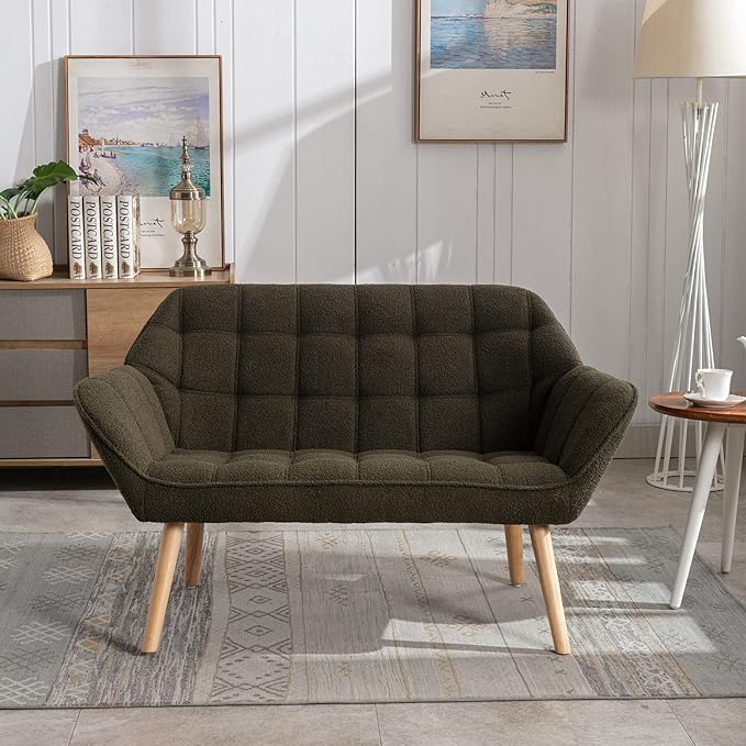 48" Small Loveseat Sofa, Modern Sherpa Mini Sofa Couch 2-Seater Fluffy Love Seat with Quilting Backs and Wood Legs for Living Room, Bedroom and Small Space, Green-Ruum Studio Home