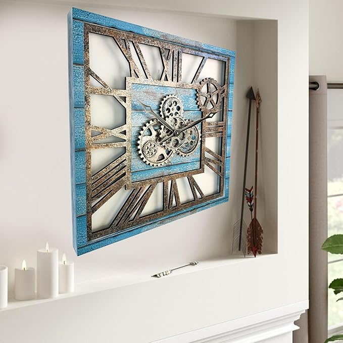 The Gears Clock 24'' Inch Square Real Moving Gear Wall Clock Vintage Industrial Oversized Rustic Farmhouse (Ocean Blue)-Ruum Studio Home