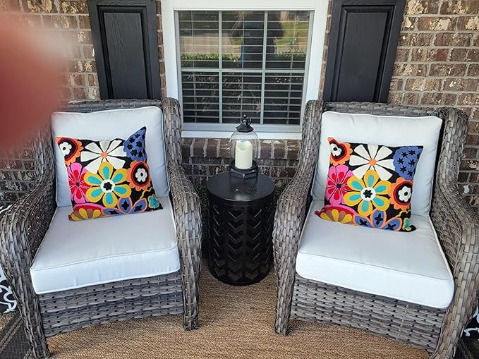 Modern Black Daisy Floral Pillow Cover Accent Flower Traditional Pillowcase Hand Embroidered Florals Couch Pillowsham Boho Outdoor Cushion Suzani Accent Pillow Wool 18x18 Inch-Ruum Studio Home