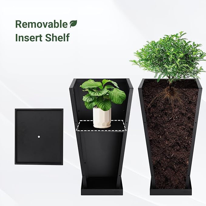 Metal Planter 30" H - 2 Pack, Tall Planters with Removable Insert Shelve & Saucer Trays, Metal Outdoor Planters for Porch, Garden, Patio, Yard (Black)-Ruum Studio Home
