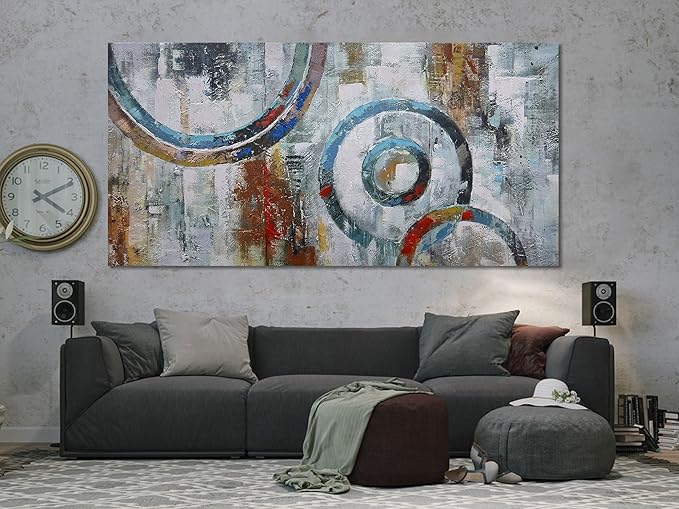 Arjun Abstract Wall Art Geometric Canvas Circle Block Painting Modern Grey Brown Picture Simple Textured Artwork Framed for Bedroom Living Room Home Office Wall Décor, Extra Large 58"x29"-Ruum Studio Home