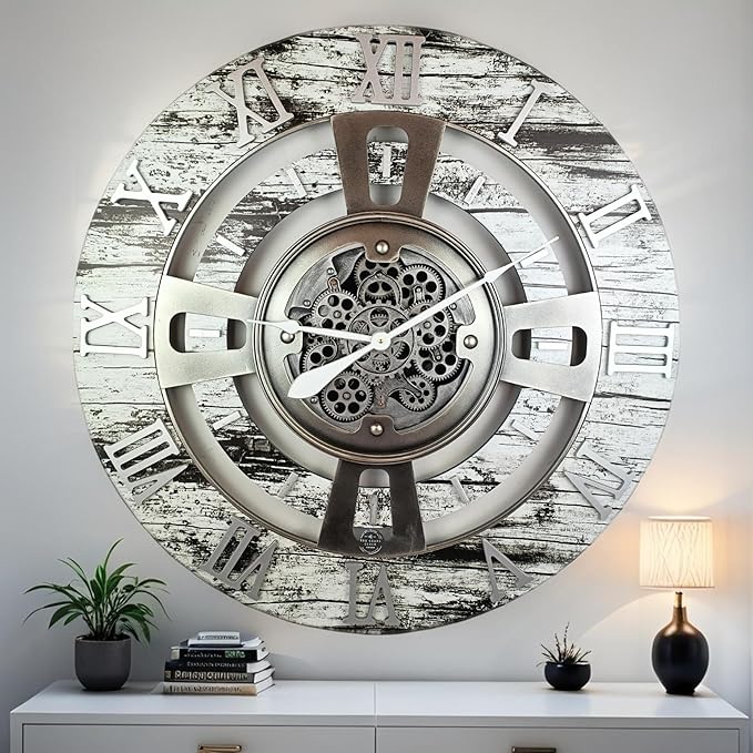 The Gears Clock Real Moving Gear Wall Clock England Line (Grey & White, 36 inches (90 cm))-Ruum Studio Home