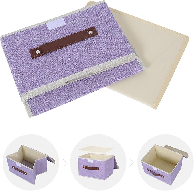 ANMINY Storage Bin with Lid Storage Boxes with PU Leather Handles PP Plastic Board Decorative Foldable Lidded Cotton Linen Fabric Home Cubes Baskets Closet Organizer Container - Purple, Small Size-Ruum Studio Home
