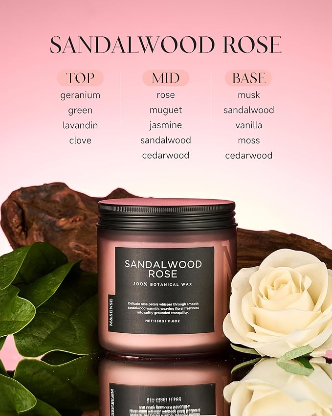 M&SENSE Sandalwood Rose Scented Candle - 11.6oz Natural Soy Wax Non Toxic 70-Hour Burn Long Lasting Candle, 2-Wick Strong Scent for Home - Slow-Burning Housewarming Gift for Men & Women-Ruum Studio Home