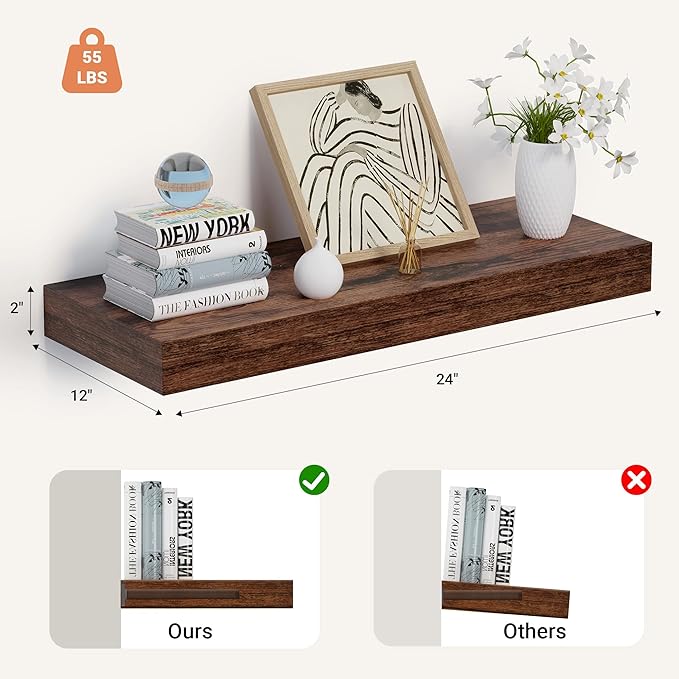 Heimlove 24 x 12 Inch Deep Floating Shelves Wall Mounted with Invisible Brackets,Storage Hanging Shelf for Wall Decor in Bathroom, Bedroom, Kitchen, Living Room, Office Set of 1 (Rustic Brown)-Ruum Studio Home