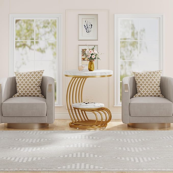 Tribesigns Gold Round End Table: 2 Tiers Faux Marble Side Table with Storage Shelf, Modern White Gold Bedside Nightstand, Metal Arc-Shaped Frame Accent Table for Living Room, Bedroom-Ruum Studio Home