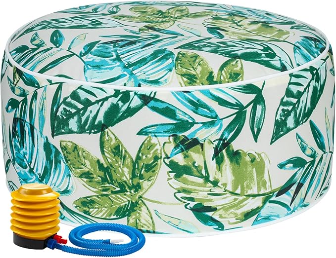 FUNHOME Inflatable Outdoor Ottoman with Air Pump,20"x9" Portable Patio Pouf,Water Resistant,Fade-Resistant,Round Blow Up Footrest Stools for Home Garden Camping Travel(Palm Leaf)-Ruum Studio Home