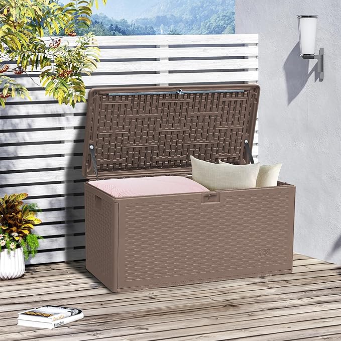 Premium Pro Edition 73 Gallon Lockable Resin Deck Box, Waterproof & UV-Resistant Outdoor Storage Box for Outdoor Cushion Storage, Garden Tools & Pool Accessories Storage, Brown-Ruum Studio Home