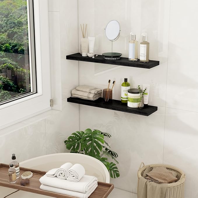 Fun Memories Floating Shelves for Wall, 27.5" Rustic Wood Deep Wall Mounted Shelves with Invisible Brackets for Decor & Storage, Floating Shelf for Living Room, Bathroom (Black, Set of 2)-Ruum Studio Home
