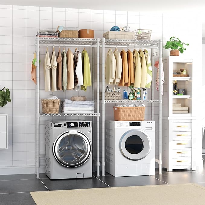 Over Washer and Dryer Shelves,2 Tier Adjustable Height Wire Shelving Laundry Room Storage Organization Clothes Drying Rack with Hanger Rod&Hooks,Space Saving Organizers Shelf,White-Ruum Studio Home
