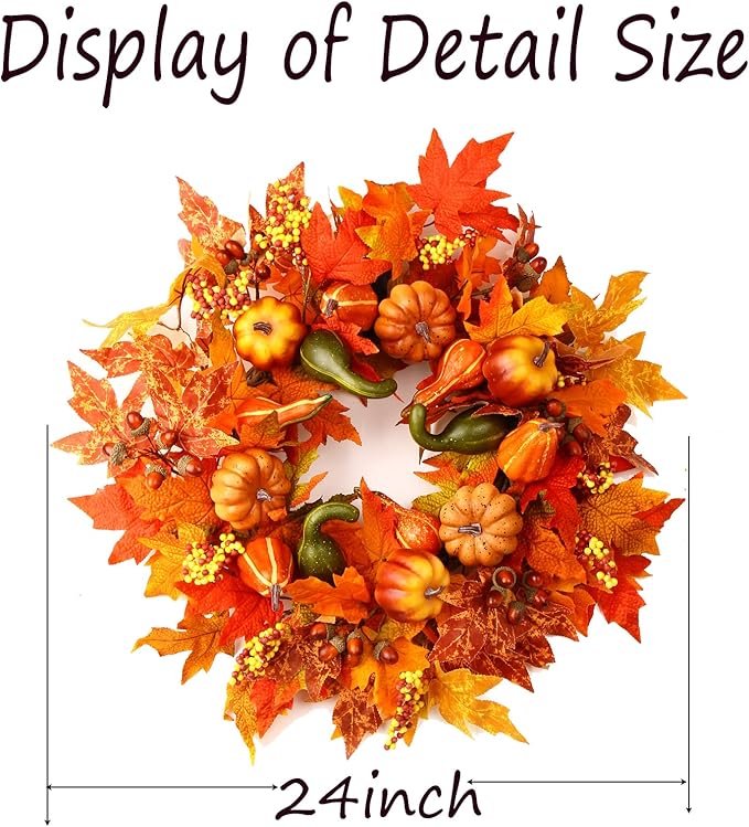 24 Inch Fall Wreaths for Front Door, Fall Decorations for Home,Fall Wreath,Autumn Wreath with Pumpkins Berries Maple Leaves for Thanksgiving Halloween Decorations Indoor Outdoor Outside Fall Decor-Ruum Studio Home