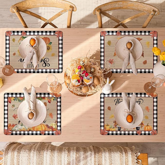 Fall Placemats Set of 6 Buffalo Plaid Thanksgiving Plastic Table Mats Autumn Vintage Maple Leaf Place Mats Pumpkins Truck Leaves Fall Table Decoration for Indoor Outdoor Party Kitchen Dining-Ruum Studio Home