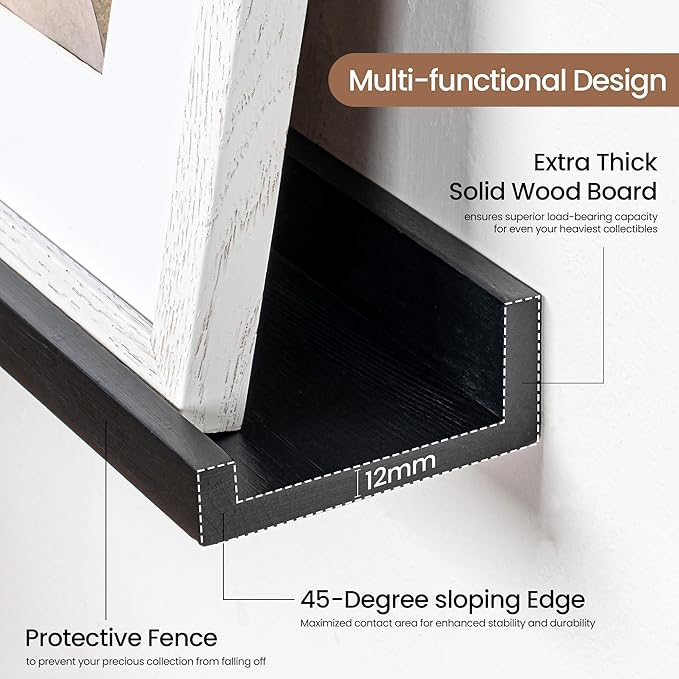 Picture Ledge Shelf, Solid Pine Wood Floating Shelves Set of 4, 16 Inches Nursery Book Shelves for Toys Storage, Kids Bookshelf Wall Mounted for Living Room Decor Photo Frames, Black-Ruum Studio Home