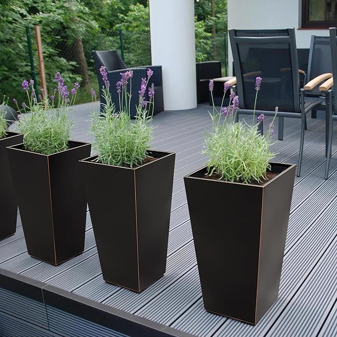 Metallic Taper Planter, 26 Inch Tall Tapered Planter for Front Porch, Patio, Deck, Garden Indoor/Outdoor Tree Planters, Set of 2 Black with Copper Hand Brushed Rim-Ruum Studio Home