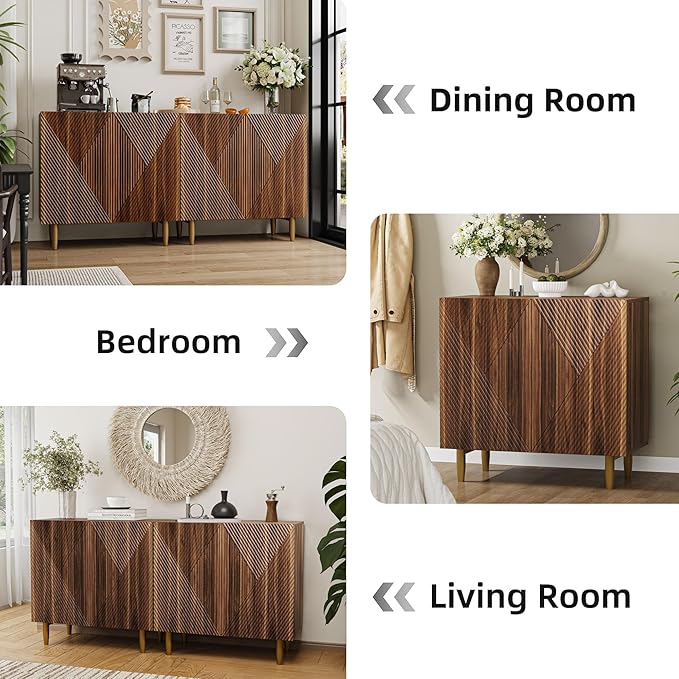 Set of 2 Fluted TV Stands with Storage, 65 Inch Accent Sideboard Large Console Table with Adjustable Shelves, Mid Century Modern TV Cabinets for Living Room, Dining Room, Walnut-Ruum Studio Home
