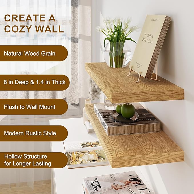 Floating Shelves for Wall, 8 Inch Deep Floating Shelves, 24"W x 8"D Wall Shelves Set of 2, Rustic Wood Floating Shelf for Home Decor, Deep Storage Shelves for Kitchen, Bedroom, Living Room-Ruum Studio Home